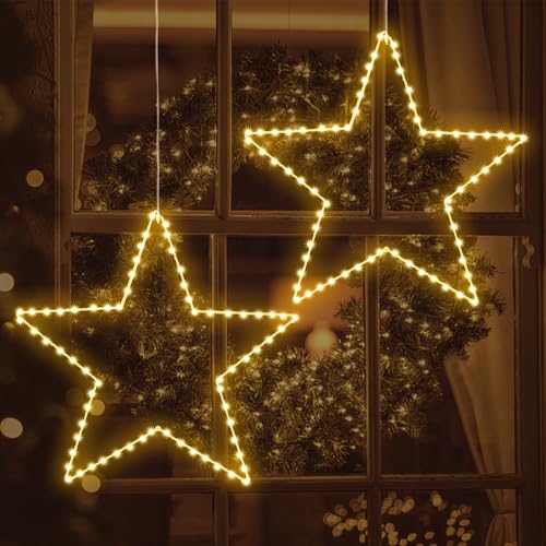 ELKTRY Weihnachtsdeko mit 2 große Metall Sterne, 140 LED Weihnachtsstern Beleuchtung Innen Batterie Warmweiß faltbar 8 Modi Wasserdicht Weihnachtsbeleuchtung Außen mit Timer ELKTRY Weihnachtsdeko mit 2 große Metall Sterne, 140 LED Weihnachtsstern Beleuchtung Innen Batterie Warmweiß faltbar 8 Modi Wasserdicht Weihnachtsbeleuchtung Außen mit Timer von ELKTRY