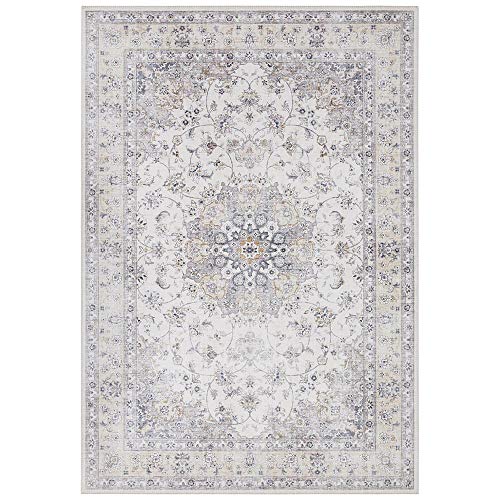 Elle Decoration Nain Orientalischer Teppich - Kurzflor Vintage-Look Orientalisch Ornamente-Muster Klassischer Orientteppich für Wohnzimmer Esszimmer Flur oder Schlafzimmer Hellgrau, 80x150cm von ELLE Decoration