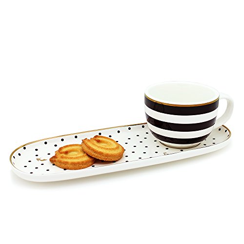ELLE Überraschendes Gepunktet Kaffee- oder Tee-Tasse-Set, 11 Unzen, Porzellan, Tasse, 2 Teile, Schwarz-Weiß-Gold, Klassiker, Büro, Geschenk, Zuhause, Liebe, Wiederverwendbar von ELLE