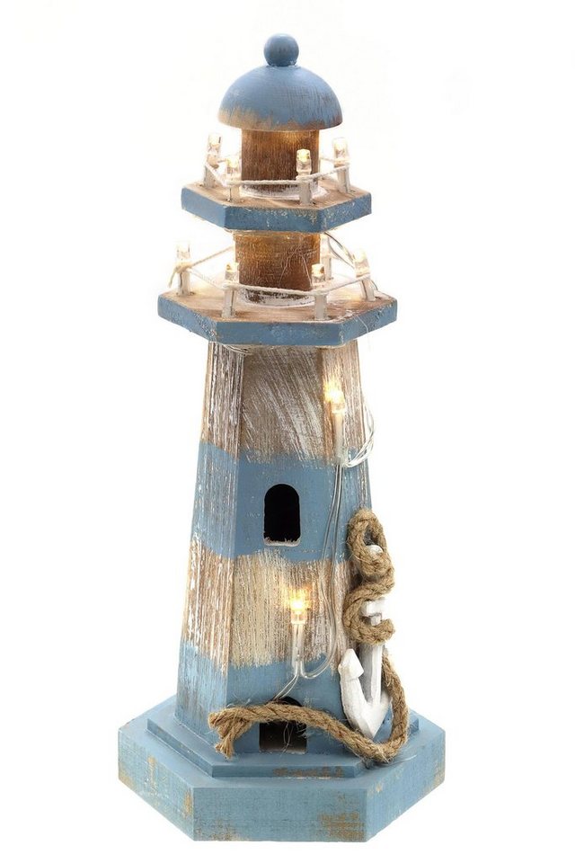 ELLUG Dekoobjekt Leuchtturm aus Holz in braun-blau mit LED-Lichtern und maritimen Details zum Stellen, Stehdekoration von ELLUG