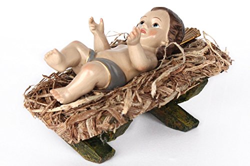 ELLUG Jesus Christkind Jesuskind Christuskind 12,5 * 5,5cm mit Heiligenschein auf Stroh in Holzkrippe 13x8 cm, lose von ELLUG