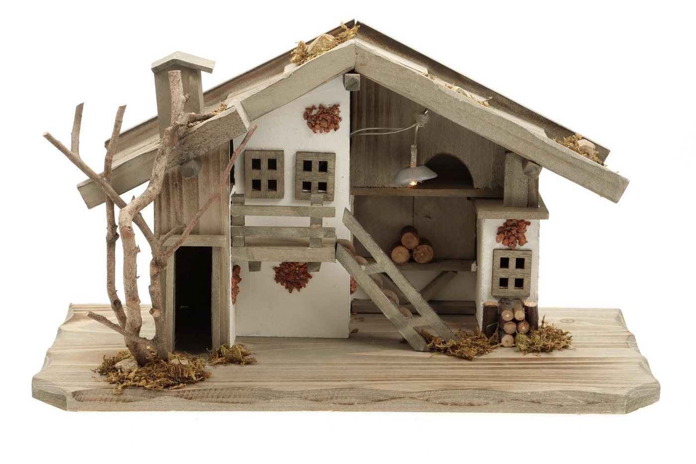 ELLUG Krippe Holz Krippenstall, mit Licht 38*18*21cm (OHNE Krippenfiguren) (1-tlg), Krippenstall aus Holz, passend für Figuren bis 10cm von ELLUG