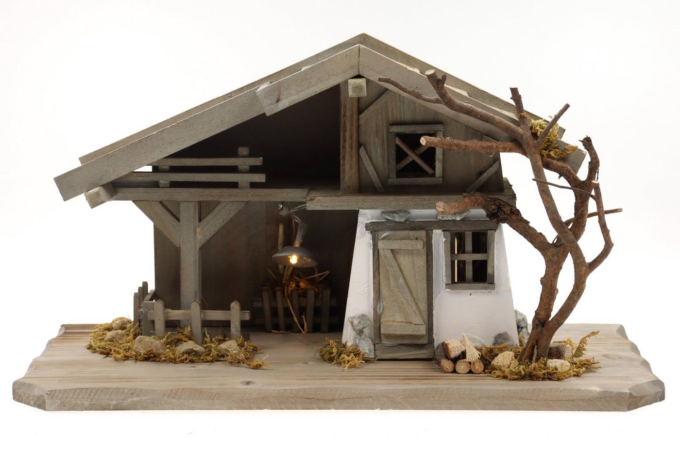 ELLUG Krippe Holz Krippenstall mit Licht 38*18*21cm (OHNE Krippenfiguren) (1-tlg), Krippenstall aus Holz mit Beleuchtung von ELLUG