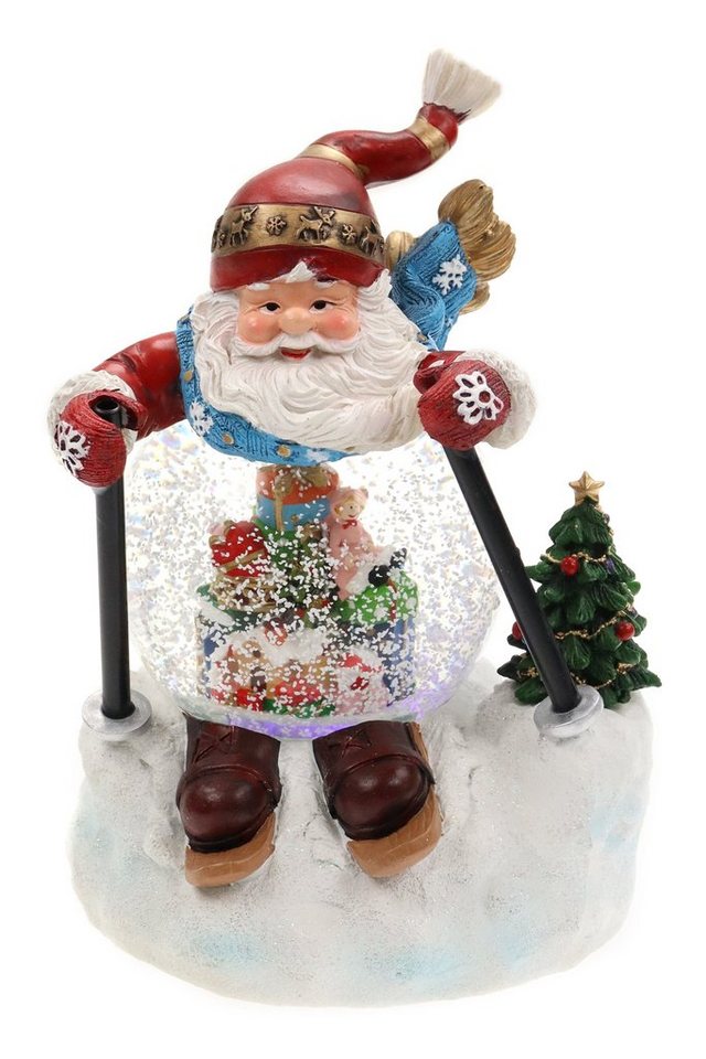 ELLUG Schneekugel Schneekugel als Skifahrer-Weihnachtsmann mit Schneewirbel, Licht & Musik H.: 21cm Ø100mm von ELLUG