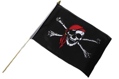 Fahne Flagge 21x16cm mit 30 cm Holzstab Handfahne Stockflagge Banner Fan (Pirat-Totenkopf) von ELLUG