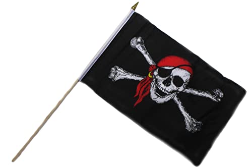 Fahne Flagge "Pirat-Totenkopf" 30x45cm doppelt umsäumt mit 60cm Holzstab Handfahne Stockflagge Banner Fan Sport von ELLUG