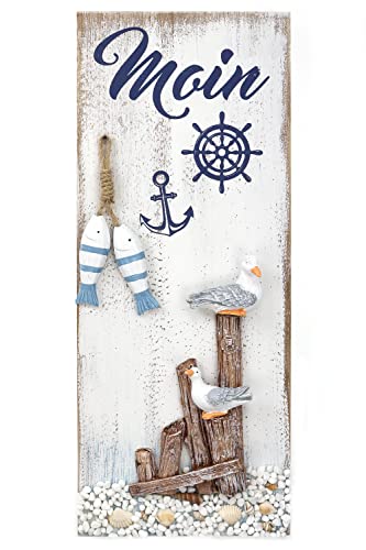 Maritime Wanddeko „Moin“ mit Möwen, Muscheln und Fischen aus Holz zum Aufhängen im Vintage/Retro Look, 40 * 20cm von ELLUG