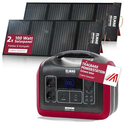 ELMAG Solargenerator-Set ENERGY 1200 + SOLAR 100 DUO – 992Wh tragbare Powerstation mit 2 faltbaren 100Wp Solarpanelen – Stromspeicher mit 230V AC/DC/USB Ausgabe – Für Camping, Outdoor & Notstrom von ELMAG