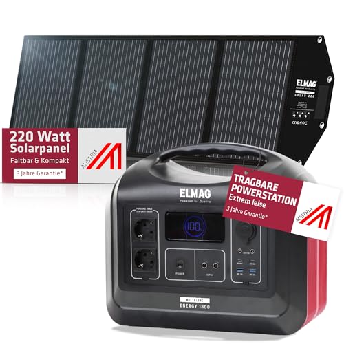ELMAG Solargenerator-Set ENERGY 1800 + SOLAR 220 – 1480Wh tragbare Powerstation mit faltbarem 220Wp Solarpanel – Stromspeicher mit LiFePO4 Akku & 230V AC/DC/USB Ausgabe – Für Camping, Outdoor&Notstrom von ELMAG