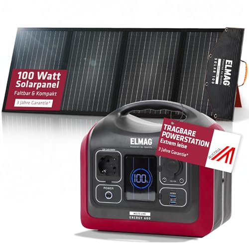 ELMAG Solargenerator-Set ENERGY 600 + SOLAR 100 595Wh tragbare Powerstation mit faltbarem 100Wp Solarpanel Stromspeicher mit LiFePO4 Akku & 230V AC/DC/USB Ausgabe Für Camping, Outdoor & Notstrom von ELMAG