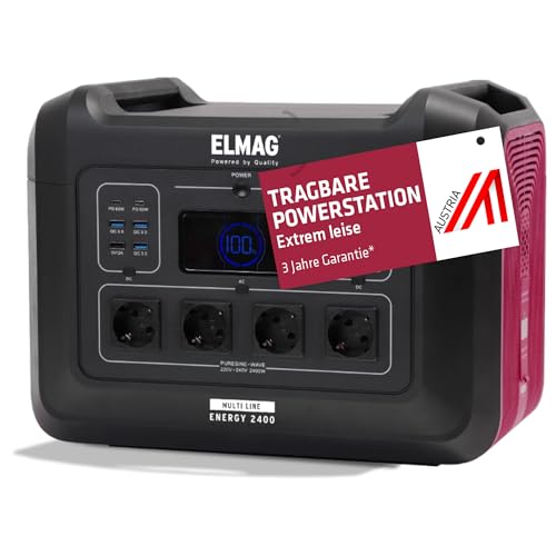 ELMAG Tragbare Powerstation ENERGY 2400 – 2232Wh Solargenerator mit LiFePO4 Akku – Mobiler Stromspeicher mit 230V/2400W (Spitze 5000W), 230V AC/12V KFZ/USB – Ideal für Reisen, Camping & Notstrom von ELMAG