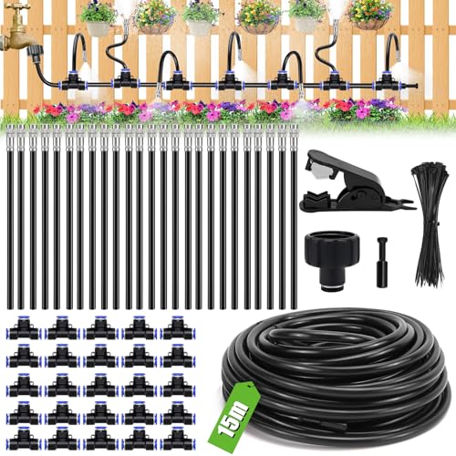 Bewässerungssystem Garten bewässerung Gartenbewässerungssysteme 15M Tropfbewässerungssystem Hochbeet, 25 Directional Brass Spray Nozzles für Outdoor-Nebelkühlsystem, Bauernhof Rasenbewässerung von ELNLE
