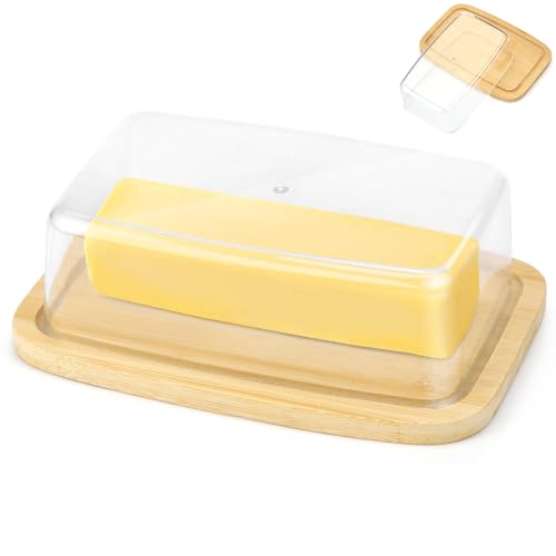 Butterdose Kunststoff mit Deckel 250g Butterglocke Butterschale mit Deckel Butter Dish aus Bambus und Acryl Butterbehälter für Küchen Esstisch Nachmittagstee(BPA-frei) von ELNLE