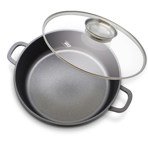 ELO Servierpfanne 32 cm Aluguss mit Glasdeckel – Hochwertige Antihaft Pfanne PFAS frei – Beschichtete Bratpfanne Induktion mit Glasdeckel & Aromaknopf von ELO