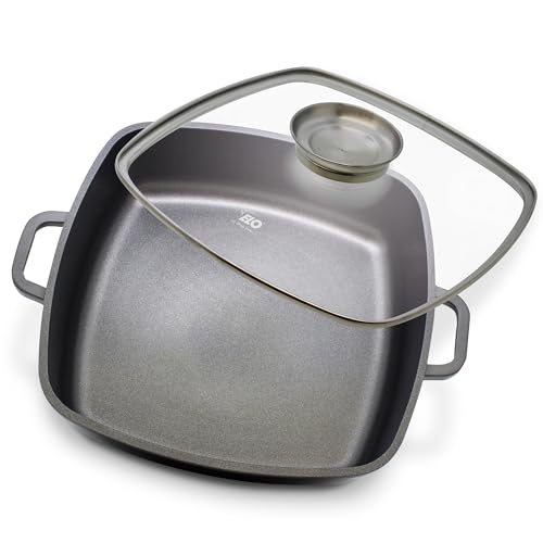 ELO Servierpfanne eckig 28x28 cm Aluguss mit Glasdeckel – Hochwertige Antihaft Pfanne PFAS frei – Beschichtete Bratpfanne Induktion mit Glasdeckel & Aromaknopf Servierpfanne Induktion, schwarz von ELO