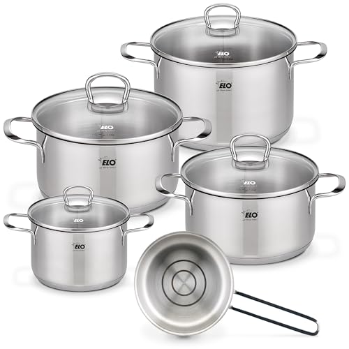 ELO Jaspis Topfset Edelstahl 5-teilig – Hochwertiges Kochtopf Set mit Öl-Dosiersystem & Glasdeckel – Energiesparendes Kochtopfset Induktion von ELO