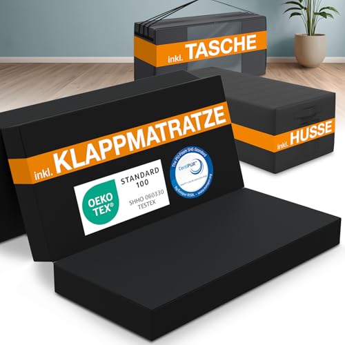 ELONEO Klappmatratze 120x195 cm schwarz inkl. Transporttasche und Husse schwarz, extra dick 15 cm, Oeko TEX Zertifiziert, 3-teilige Faltmatratze, Gästematratze klappbar, Bodenmatratze ELONEO Klappmatratze 120x195 cm schwarz inkl. Transporttasche und Husse schwarz, extra dick 15 cm, Oeko TEX Zertifiziert, 3-teilige Faltmatratze, Gästematratze klappbar, Bodenmatratze von ELONEO
