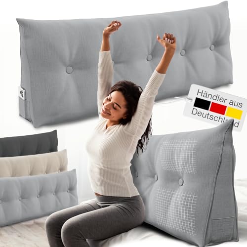 ELONEO Rückenkissen 140 cm breit, Keilkissen für Bett und Sofa geeignet, dreieckiges Lesekissen, Kissen mit abnehmbarem und waschbarem Bezug, mit praktischem Seitenfach von ELONEO