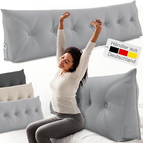 ELONEO Rückenkissen 200 cm breit, Keilkissen für Bett und Sofa geeignet, dreieckiges Lesekissen, Kissen mit abnehmbarem und waschbarem Bezug, mit praktischem Seitenfach von ELONEO