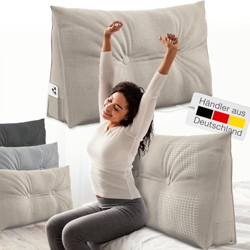 ELONEO Rückenkissen 90 cm breit, Keilkissen für Bett und Sofa geeignet, dreieckiges Lesekissen, Kissen mit abnehmbarem und waschbarem Bezug, mit praktischem Seitenfach von ELONEO