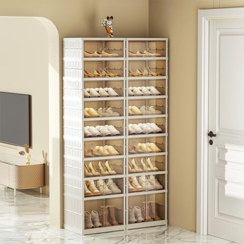 ELPHECO Großer Schuhschrank 2er Set, 9-lagige Faltbare Schuhaufbewahrung, 36 Paar Schuhregale mit Deckel, stapelbare Schuhaufbewahrungsboxen mit magnetischen Türen und Rädern von ELPHECO