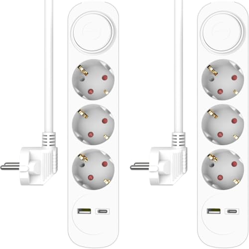 2-er Set ELRO ES303 5-fach Steckdosenleiste mit 1.5 m Kabel und Schalter – 3 x Steckdose + USB + USB-C – Kindersicherung – Schuko-Stecker – max. 3680 W – TÜV-geprüft von ELRO