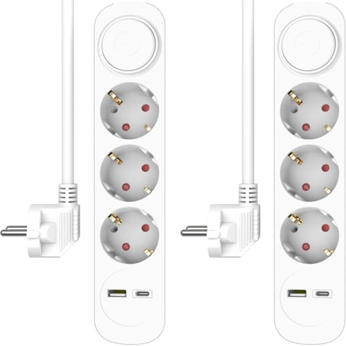 2-er Set ELRO ES303 5-Fach Steckdosenleiste mit 1.5 m Kabel und Schalter – 3 x Steckdose + USB + USB-C – Kindersicherung – Schuko-Stecker – max. 3680 W – TÜV-geprüft von ELRO
