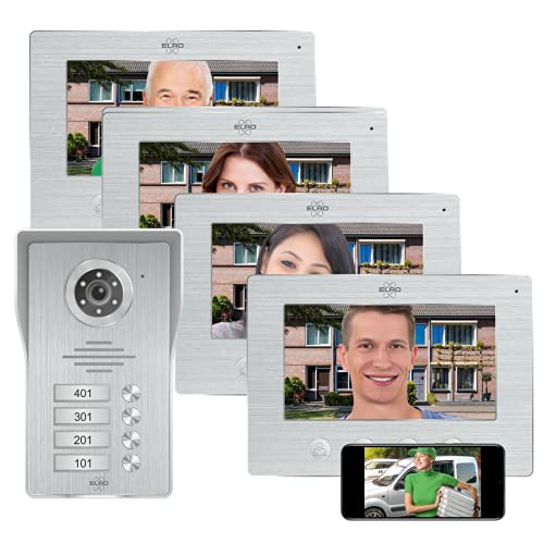 ELRO DV477IP4 WiFi IP Video Türsprechanlage-4-Familien-mit 4X 7-Zoll-Farbbildschirm-Color Night Vision-Live-Ansicht und Kommunikation via App, 5 W, 12 V, Silber, 4 Familien von ELRO