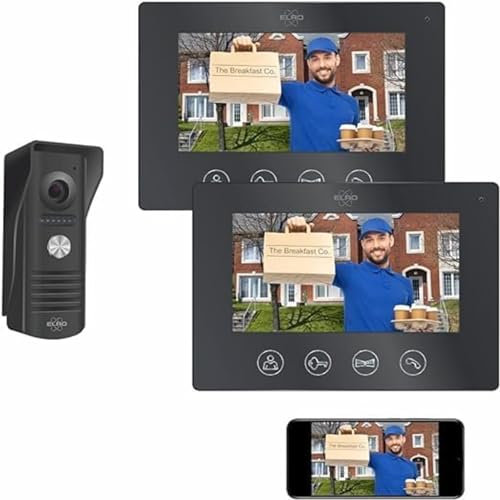 ELRO DV50 IP WiFi Türsprechanlage mit 2X 7 Zoll Farbbildschirm-Anzeigen und Kommunizieren via App, Schwarz, Mit 2 Monitoren von ELRO