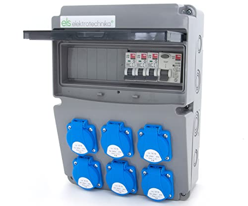 ELS Elektrotechnika Wandverteiler Stromverteiler 6x 230V Schuko Fehlerstromschutzschalter 40A und Leitungsschutzschalter 3xC16A. Baustromverteiler für Indoor/Outdoor-Bereich, Werkstätten und Fabriken. von ELS Elektrotechnika