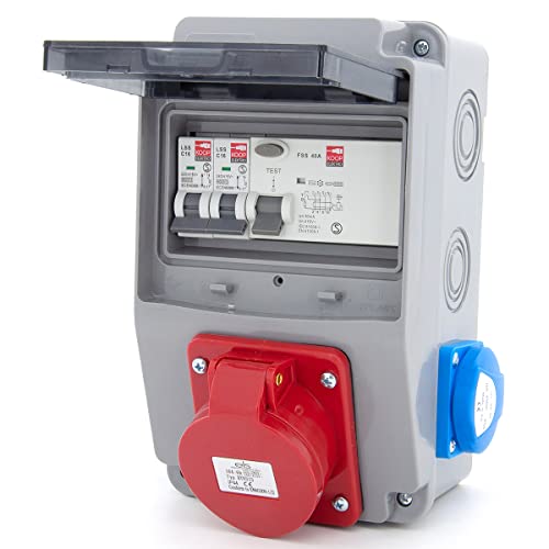ELS Elektrotechnika Steckdosenverteiler Baustromverteiler Wandverteiler Schuko 2x230V + Leitungsschutzschalter 2x LS C16, CEE 16A + Fehlerstromschutzschalter FI 40/4/0.03A Verdrahtet Anschlußfertig von ELS Elektrotechnika