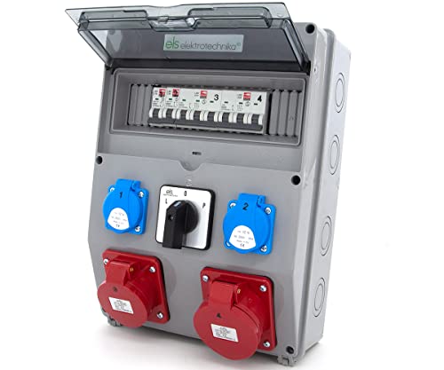 ELS Elektrotechnika 12 Module Stromverteiler Wandverteiler 2x230V Schuko + 2xLS-Schalter, 1xCEE 16A + LS, 1xCEE 32A + LS, mit 32A L-0-P Nockenschalter, verdrahtet, anschlussfertig, für Baustellen IP44 von ELS Elektrotechnika