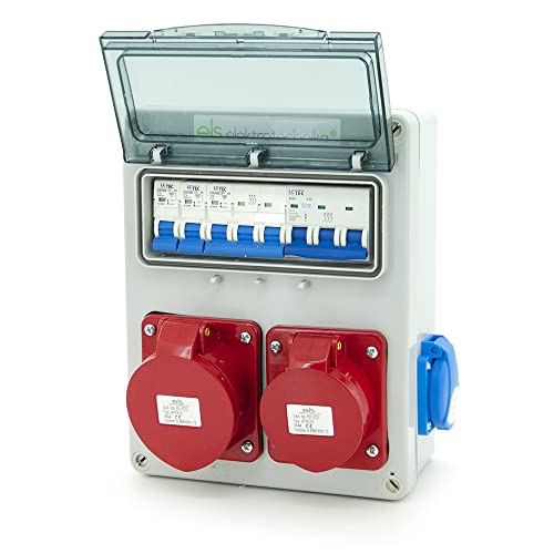 ELS Elektrotechnika Wandverteiler mit 8er Verteilerbox mit 2x230V Schuko + 1xLS Schalter, 1xCEE 16A + LS, 1xCEE 32A + LS, Verdrahtet, Anschlußfertig für Garage, Werkstatt. von ELS Elektrotechnika