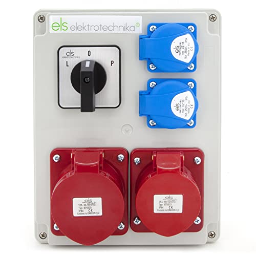 ELS Elektrotechnika Baustromverteiler Steckdosenverteiler Wandverteiler Schuko Steckdosen 2x 230V + 1x CEE 32A& 1x CEE16A + Nockenschalter L-0-P, Verkabelt, Anschlussfertig, Werkstatt, Garage, IP44 von ELS Elektrotechnika