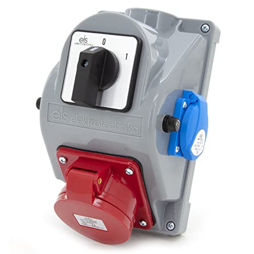 ELS Elektrotechnika Kombi Wandsteckdose mit 2x 230V Schuko + 1x CEE 32A und Schalter 0-1 in einem Gehäuse. Doppelsteckdose Wandose für Outdoor-Bereich & Baustelle, Fabriken, Werkstätten, IP44. von ELS Elektrotechnika