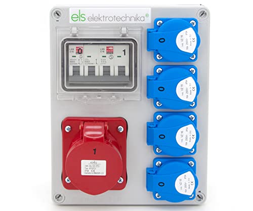 ELS Elektrotechnika Steckdosenverteiler Baustromverteiler Wandverteiler Leer Leergehäuse Schuko Steckdosen 4x 230V + LS C16 und 1 x CEE 16A + LS C16 Verkabelt, Anschlussfertig, Werkstatt, Garage, IP44 von ELS Elektrotechnika
