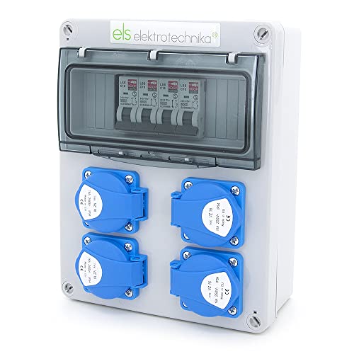 ELS Elektrotechnika Werkstromverteiler Wandverteiler mit Schukostecker 4x230V + 4x LS C16, anschlussfertig, verdrahtet, für Werkstätten, Betriebe, Innen-/Außeneinsatz, IP54 von ELS Elektrotechnika