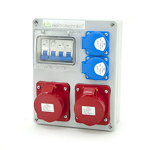 ELS Elektrotechnika Stromverteiler Baustromverteiler Wandverteiler Schuko Steckdosen 2x 230V + LS B16 und 2x CEE 16A + LS B16 Verkabelt, für Innen und Außen, Werkstätten und Fabriken IP44 von ELS Elektrotechnika