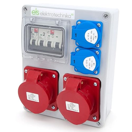 ELS Elektrotechnika Stromverteiler Baustromverteiler Wandverteiler Schuko Steckdosen 2x 230V + LS B16 und 2x CEE 32A + LS B32 Verkabelt, für Innen und Außen, Werkstätten und Fabriken IP44 von ELS Elektrotechnika