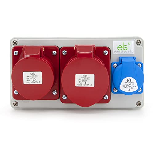 ELS Elektrotechnika Stromverteiler Wandverteiler Schuko 1x230V + 1x CEE 16A + 1x CEE 32A, Steckdosen, Verdrahtet, Baustromverteiler für Indoor/Outdoor-Bereich, Werkstätten und Fabriken von ELS Elektrotechnika