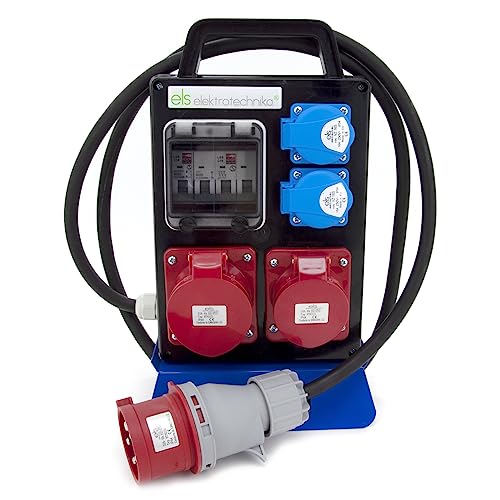 ELS Elektrotechnika Baustromverteiler, Tragbarer Kraftstrom Mobiler Stromverteilerkasten mit 2x230V Schuko + CEE 16A/ 32A, gesichert + Netzstecker 32A 5P + 2m5G2 Kabel, Anschlußfertig von ELS Elektrotechnika