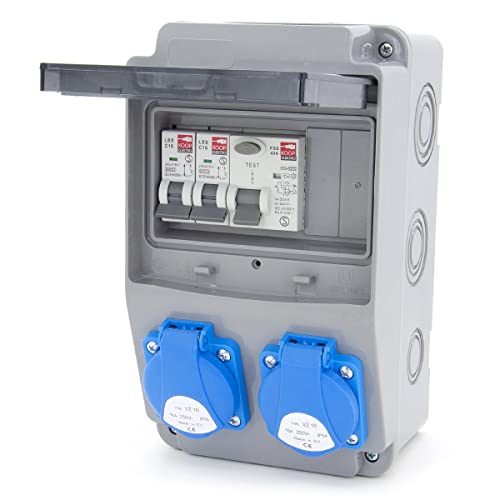 ELS Elektrotechnika Steckdosenverteiler Baustromverteiler Wandverteiler Schuko 2x230V + Sicherungen Leitungsschutzschalter 2x LS C16 +FI40 Verdrahtet und Anschlußfertig für Innen- und Außenräume, IP54 von ELS Elektrotechnika