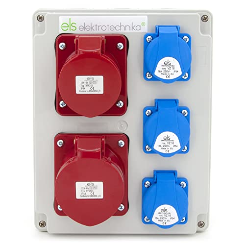 ELS Elektrotechnika Wandverteiler 3x 230V Schuko & 1x32A/5P & 1x16A/5P Stromverteiler Baustromverteiler Steckdosenverteiler, verdrahtet, anschlussfertig, für Baustellen IP44 von ELS Elektrotechnika