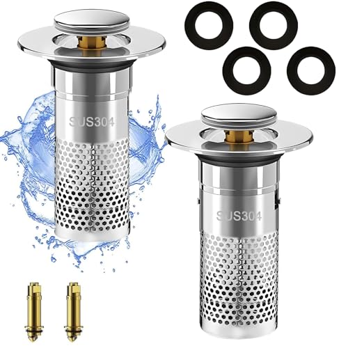 2025 Neu 2 Stück Universal Waschbeckenstöpsel für 34-40mm Abfluss Ablauf,Abflussstopfen mit sieb, Abflusssieb Waschbecken,Rostfreier Stahl 304, universal mit Gummi für Waschbecken im Bad und Bidets von ELUBLU