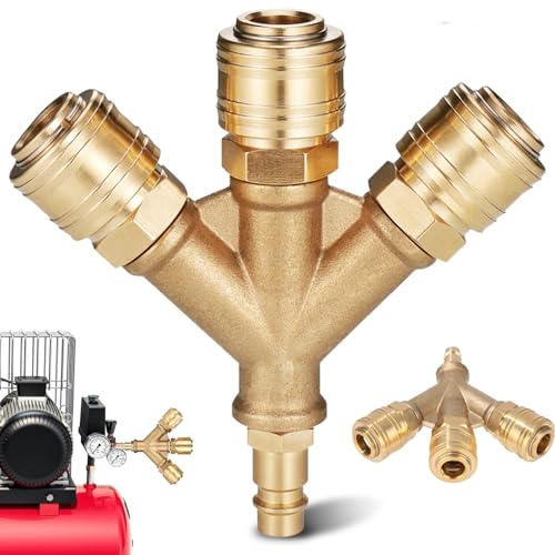 Druckluftverteiler Druckluftweiche 3-fach mit 3 Kupplungen,Druckluftkupplung,Druckluft ZubehöR,NW 7.2 1/4 AG Luftschlauch Schnellkuppler Verteiler, Messing Druckluft Verteiler (orange-3) von ELUBLU