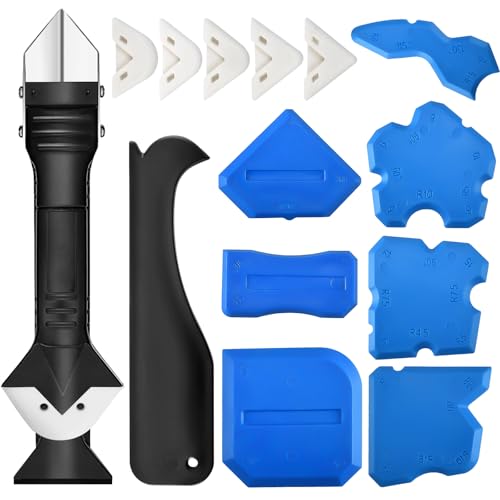 ELUBLU Silikonentferner Werkzeug,Multifunktionales 5-in-1-Profi-Silikonentferner-Werkzeugschaber-Set,Entfernungswerkzeug mit Edelstahlkopf und 5 Silikonfugenentferner für Küche,Boden,Fensterabdichtung von ELUBLU