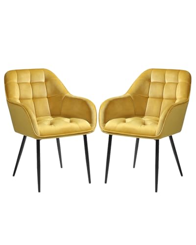 ELUCHANG Esszimmerstühle 2er Set, Samtstoff, Moderne Küchenstuhl Polsterstuhl mit Armlehne, 150 kg belastbar, Sessel Bequem, Wohnzimmerstuhl, Loungesessel für Esszimmer, Wohnzimmer, Gelb von ELUCHANG