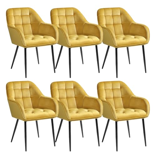 ELUCHANG Esszimmerstühle 6er Set, Samtstoff, Moderne Küchenstuhl Polsterstuhl mit Armlehne, 150 kg belastbar, Sessel Bequem, Wohnzimmerstuhl, Loungesessel für Esszimmer, Wohnzimmer, Gelb von ELUCHANG