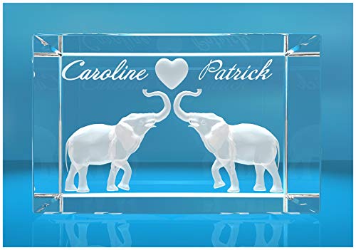 ELUNO 3D Glasquader | verliebte Elefanten mit Herz in 3D und zwei Wunschnamen | Geschenk für den Partner die Partnerin | zum Valentinstag Jahrestag Hochzeit von ELUNO