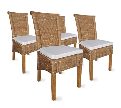 ELYFLAIR® Esszimmerstuhl Rattan - belastbar bis 200kg - Esszimmerstühle aus FSC-zertifiziertem Rattan - Handgefertigte Stühle Esszimmer (Mit Sitzkissen, 4er) von ELYFLAIR